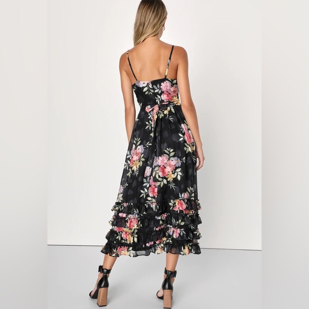 Lulu’s Elegant Radiance Black Floral Print Bustier Midi Dress - Picture 2 of 10